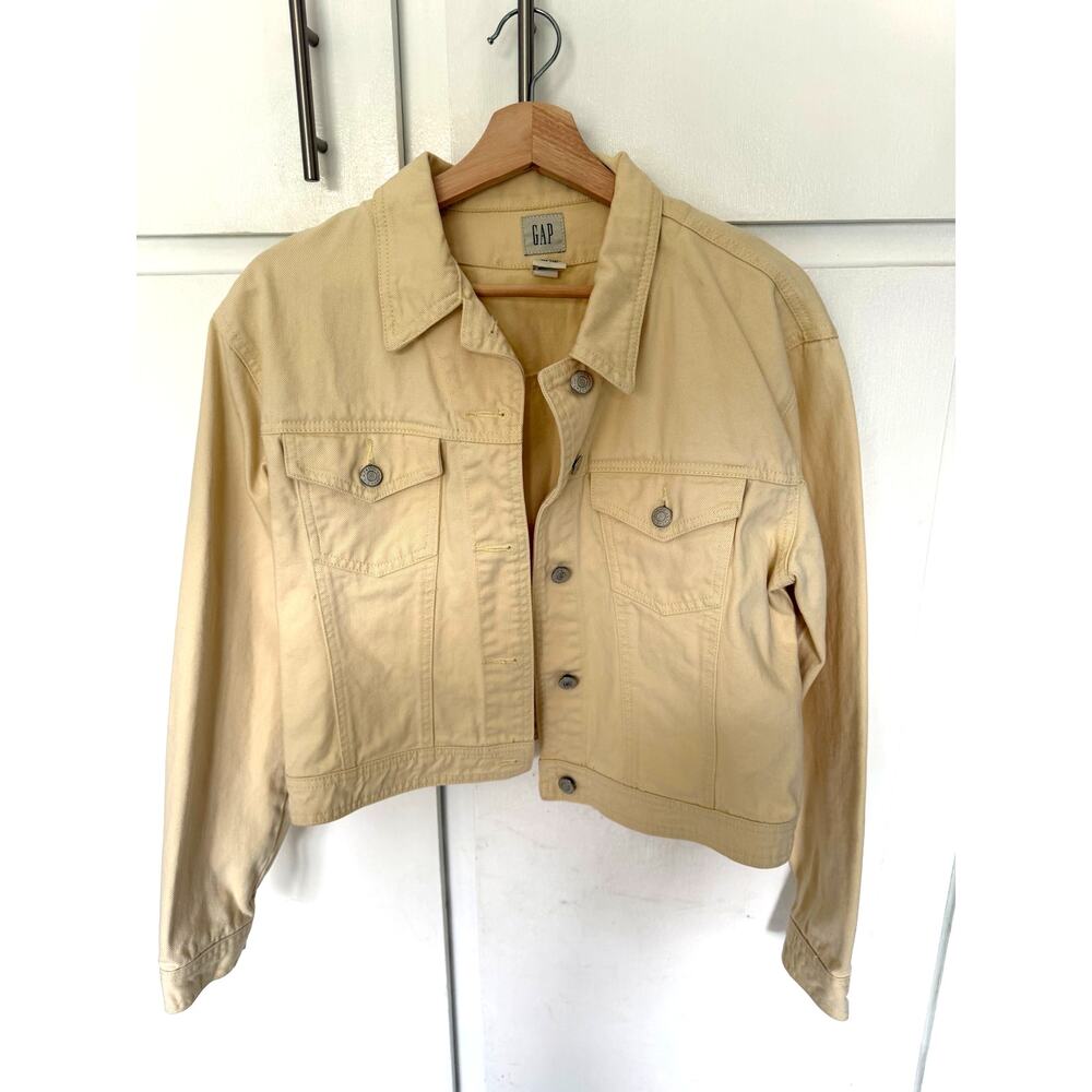 Vintage GAP Canvas Trucker Jacket Womens M Tan Beige Button Up Yellow